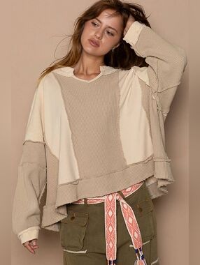 POL Boho Raw Edge Thermal Patchwork Top Tan Neutral Beige S